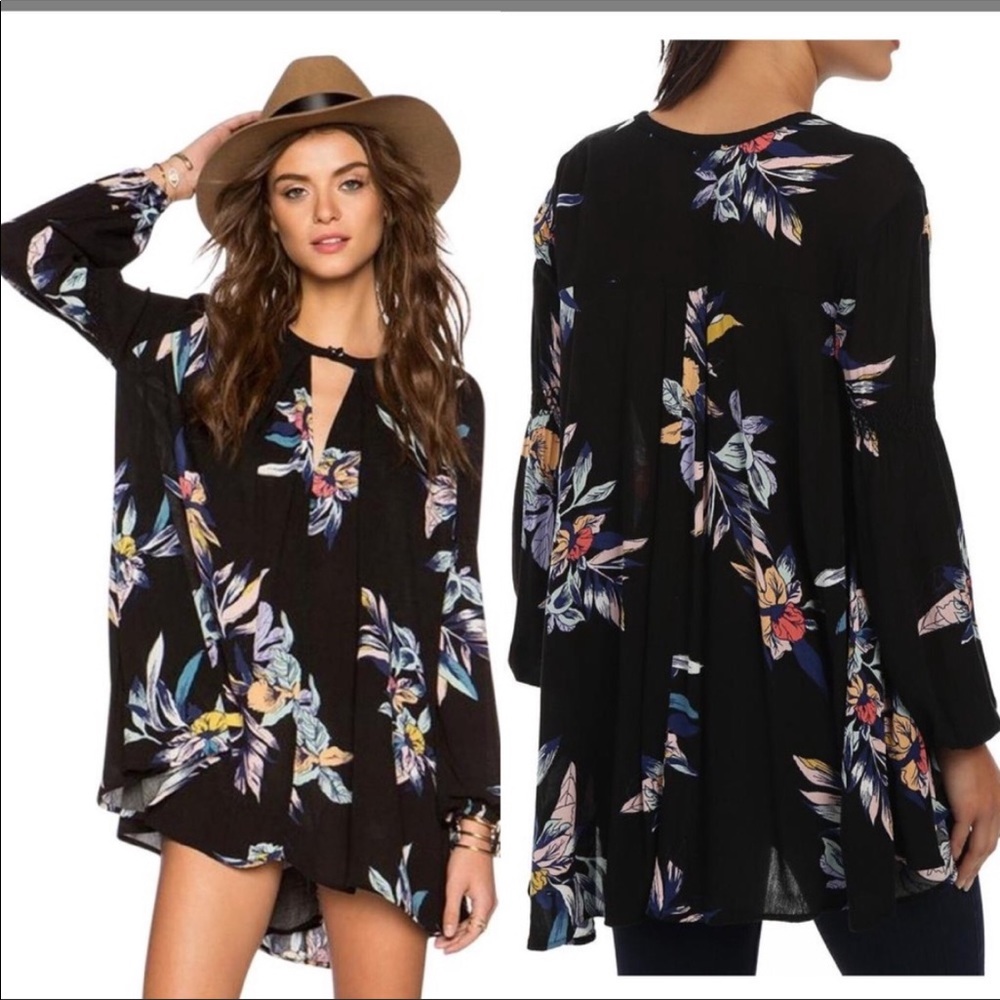 Free People Black Floral Swing Tunic Top